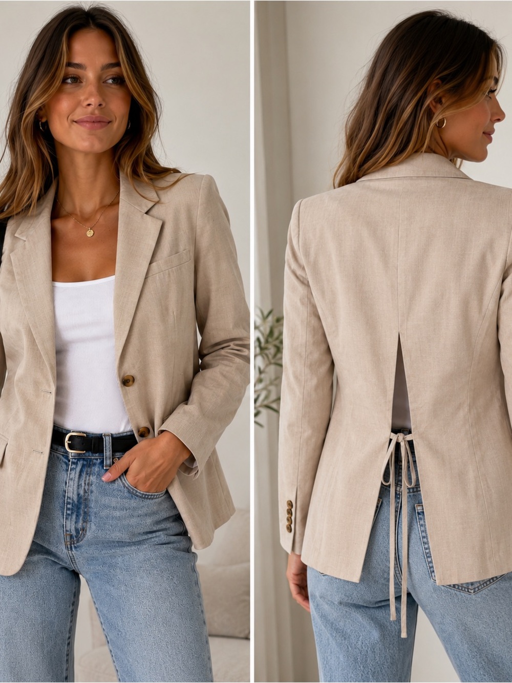 Beige Open Back Tie Detail Two Button Blazer Size Small